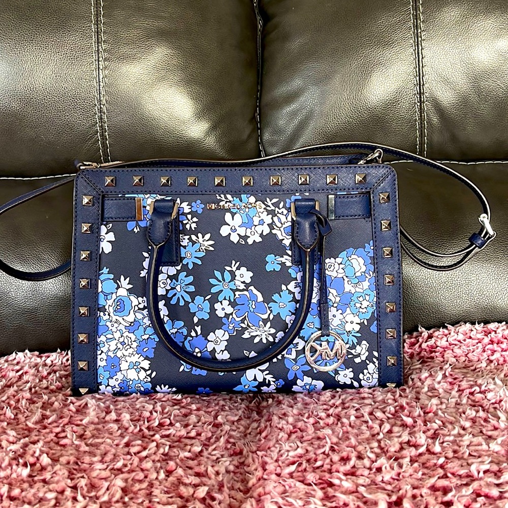 Blue Floral Studded Dillon Crossbody Handbag Large